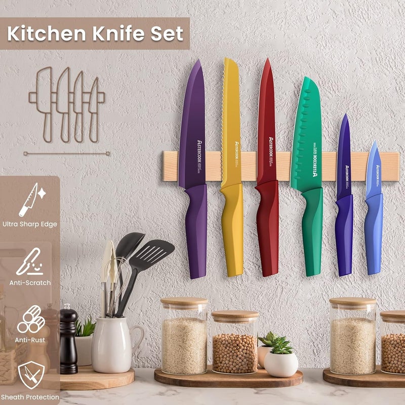 Astercook Knife Set, 12 Pcs Color-Coded Kitchen Knives Set, 6 Color Anti-Rust Coating Stainless Steel Chef Knife Sets with 6 Blade Guards Dishwasher Safe - Image 2